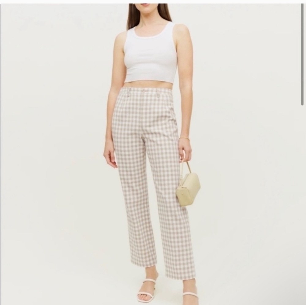 Reformation Franklin Plaid Straight Leg Beige and White Pants Size 4 NWOT